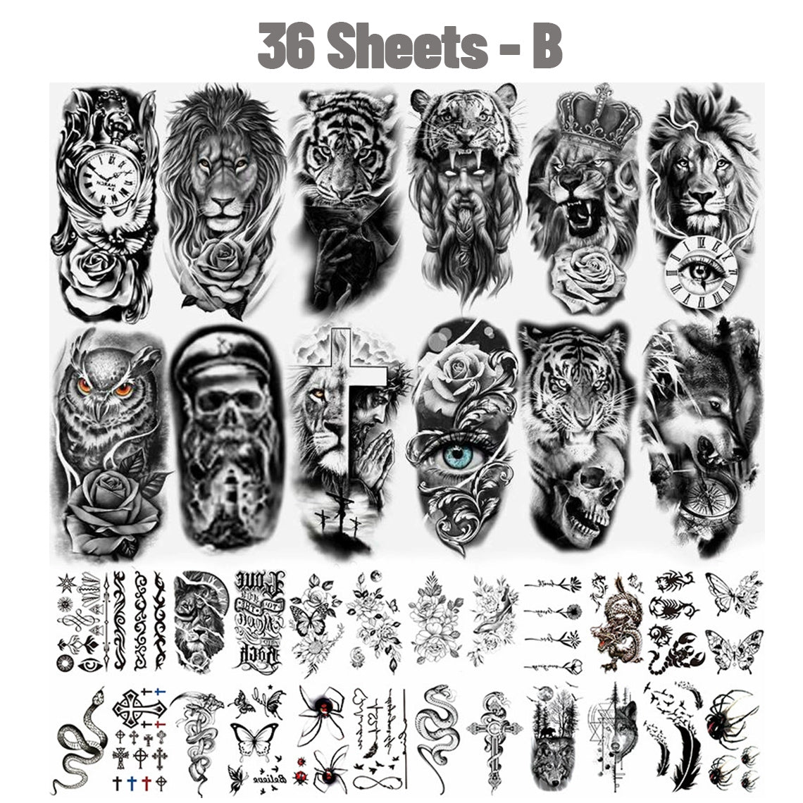 36 Sheets Large Black Arm Temporary Tattoos For Men Forearm Women Thigh