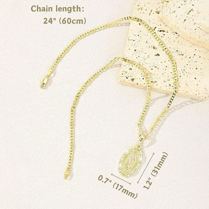 Guadalupe Virgin Mary Oval Zircon Inlay Pendant Necklace for Women Men