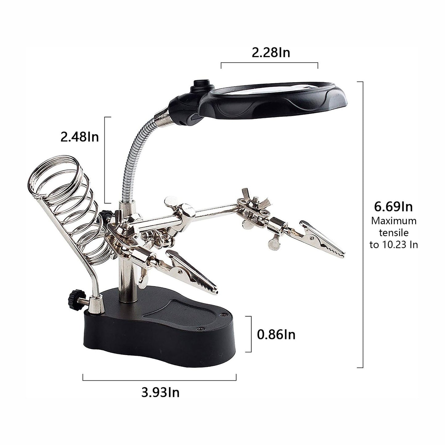 Soldering aid with magnifying glass and LED light stand