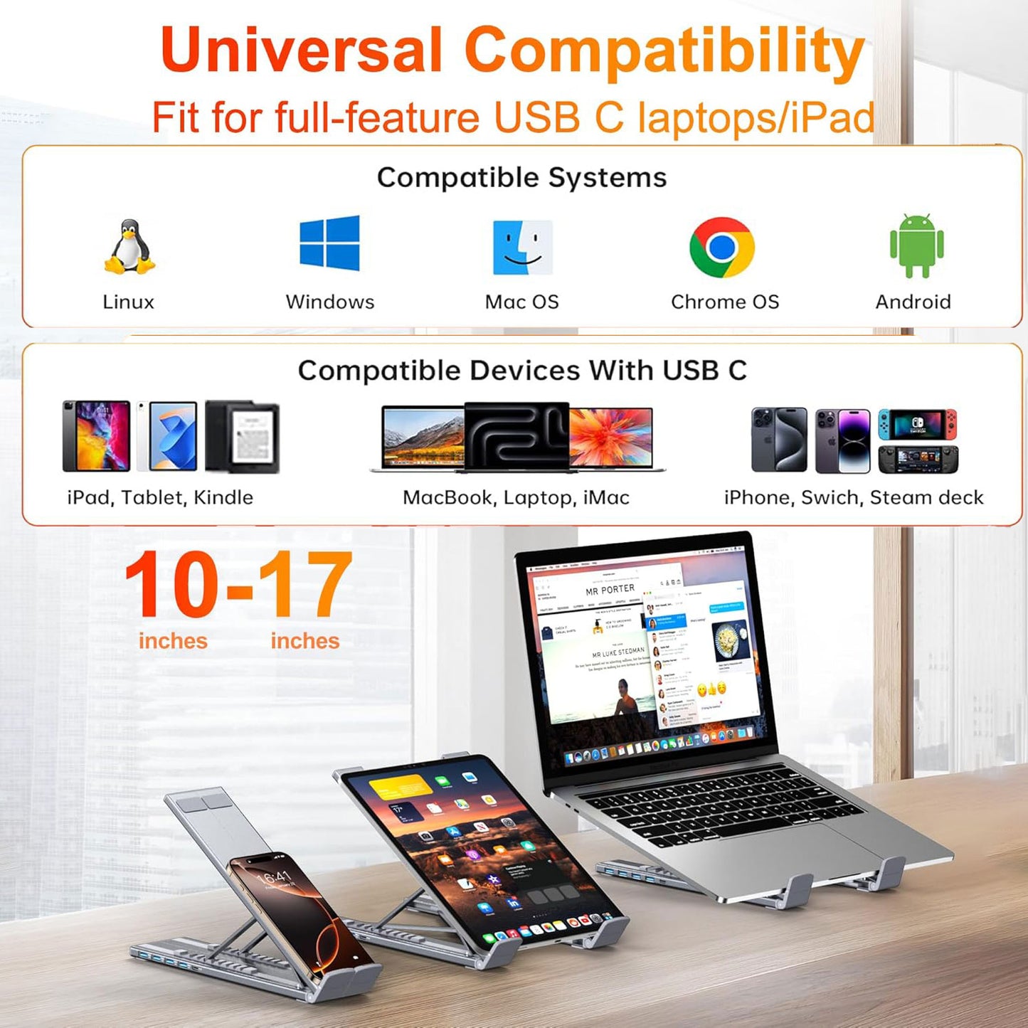 6-in-1 Adjustable Aluminum Laptop Stand with Docking Station, 4K HDMI Output, 6 Height Levels, Super-Speed Data Transfer