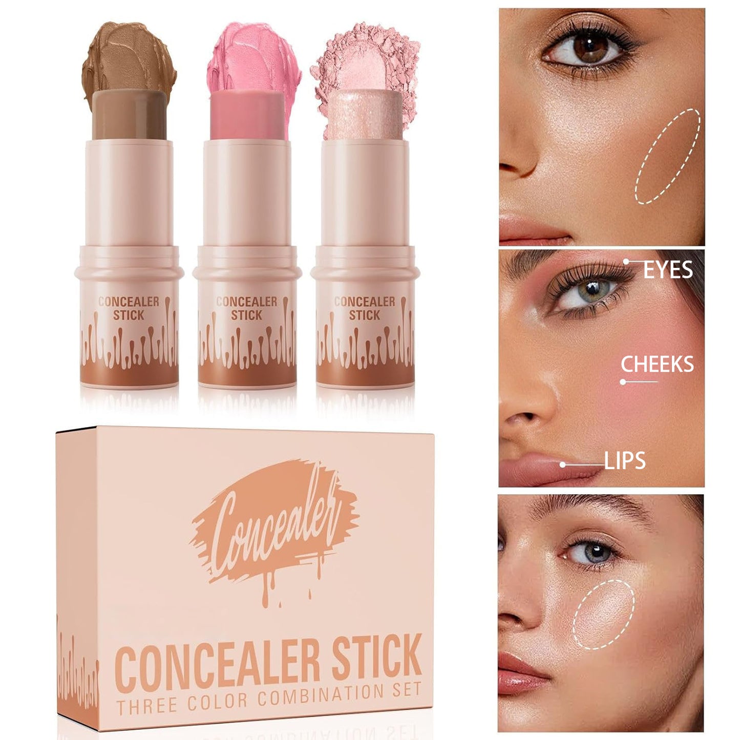 3pcs Long-Lasting Waterproof Contour Stick Set - Cream Blush & Highlighter Bronzer Pen