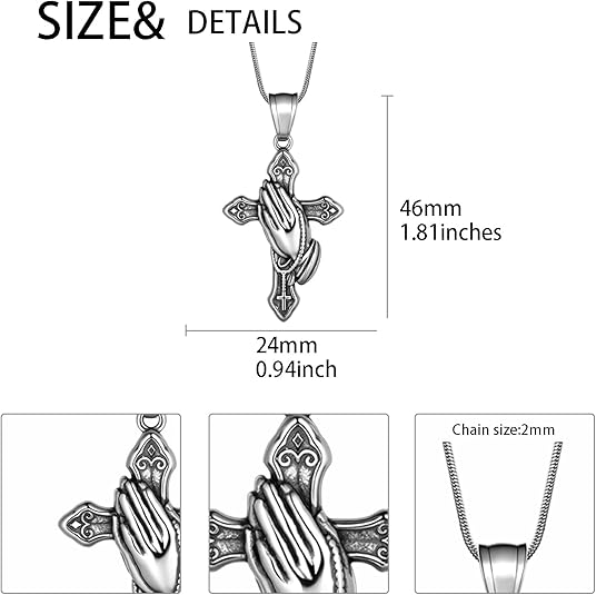Praying Hands Cross Necklace, Serenity Prayer Pendant, Christian Cross Jewelry Gift for Men Women