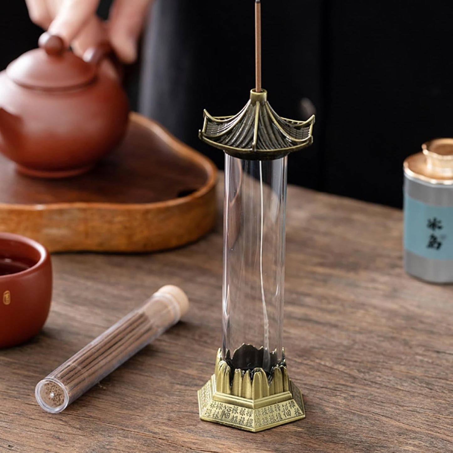 Handcrafted Copper Alloys & Acrylic Incense Burner in Antique Styles with 20 Hollow Incense Sticks for Elegant Homes Enhancement, Bedroom Incenses Burners