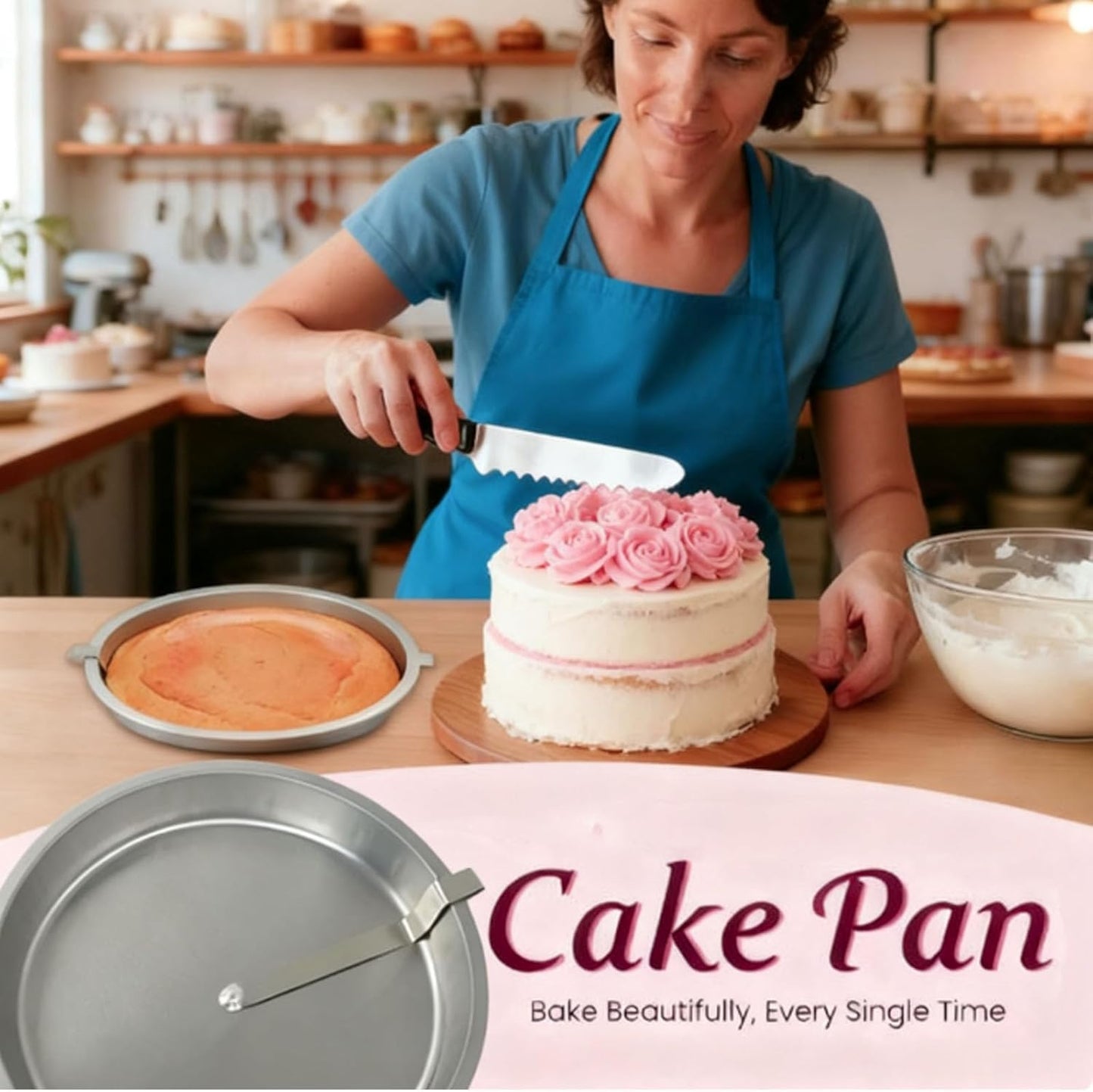 Easy Release Pans Round with Lever, 9.7" Quick Release Easy-Out Cake Pan Set