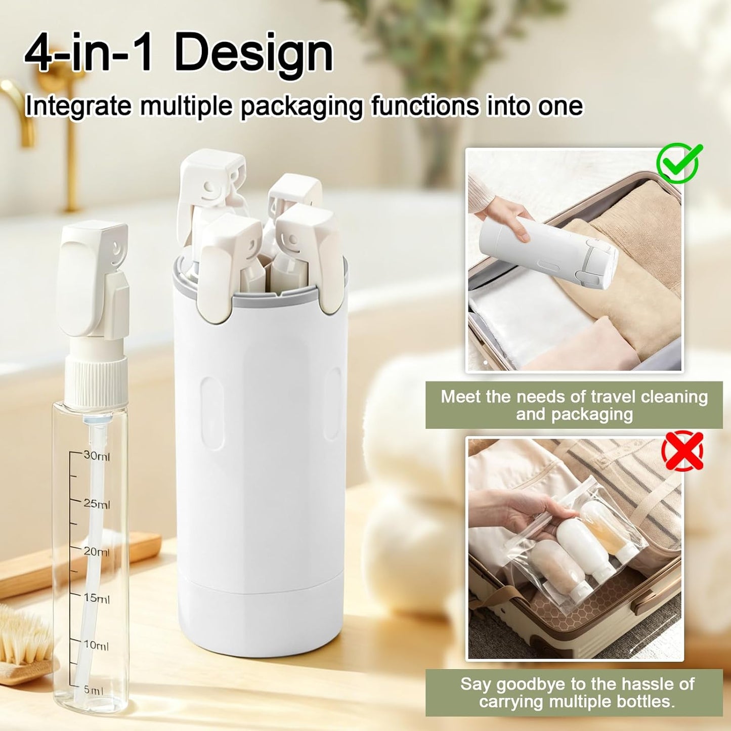 4 in 1 No Spill Space Saving Compact Refillable Travel Dispenser Bottles