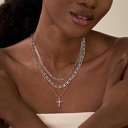 Stackable Gold & Silver Cross Pendant Chokers, Trendy 3-Layer Gift