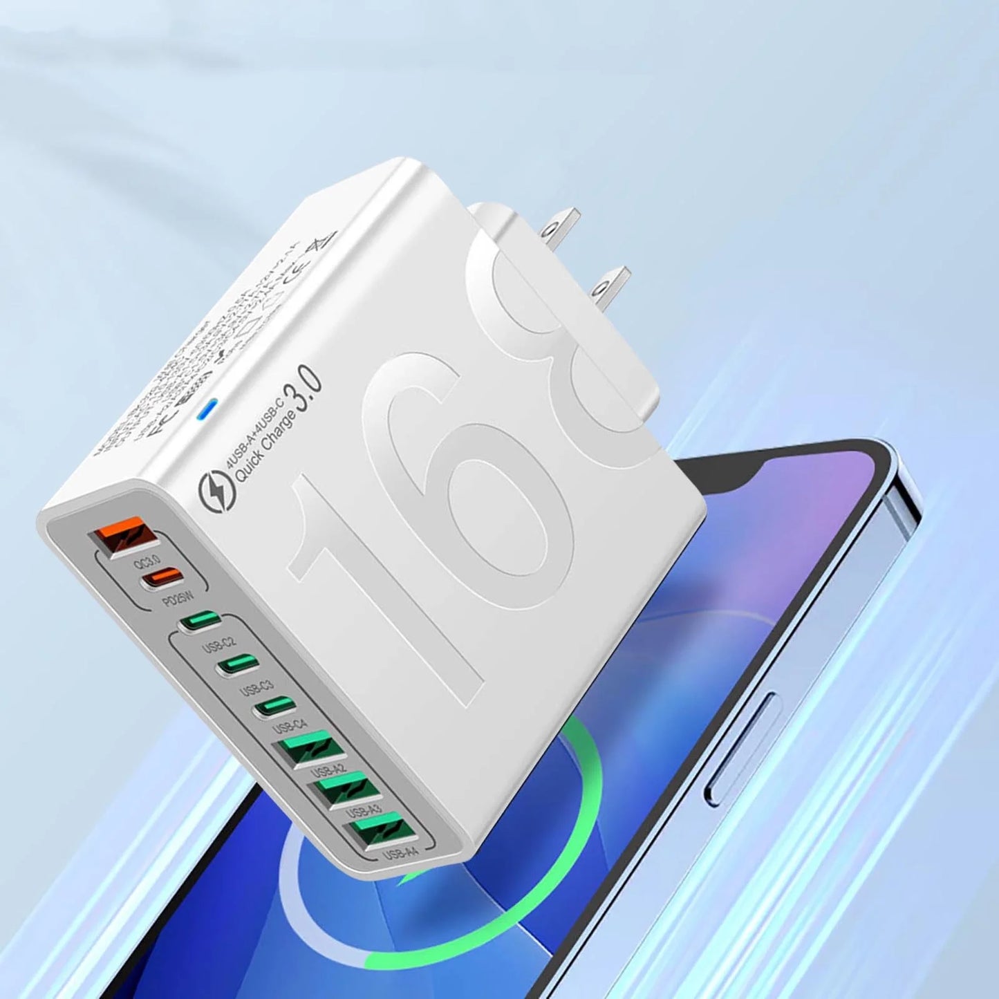 8 Ports with Quick Charger for Smart Phones, Tablets, Devices with Multiple Ports