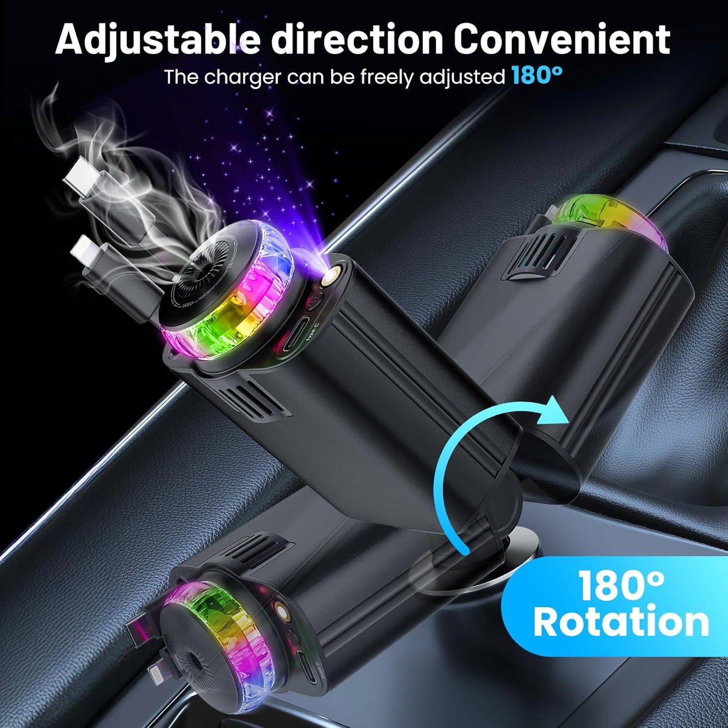 Retractable Car Charger with Aromatherapy and Starlight, Fast Charging Compatible with iPhone Android