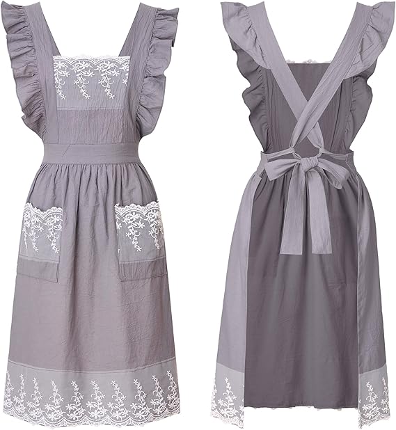 Vintage Apron for Women with Pockets, Lace Cute Cotton Linen Cross Back Apron