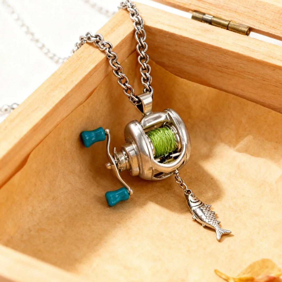 Fishing Reel Necklace Rotating Handle Swirling Reel Pendant