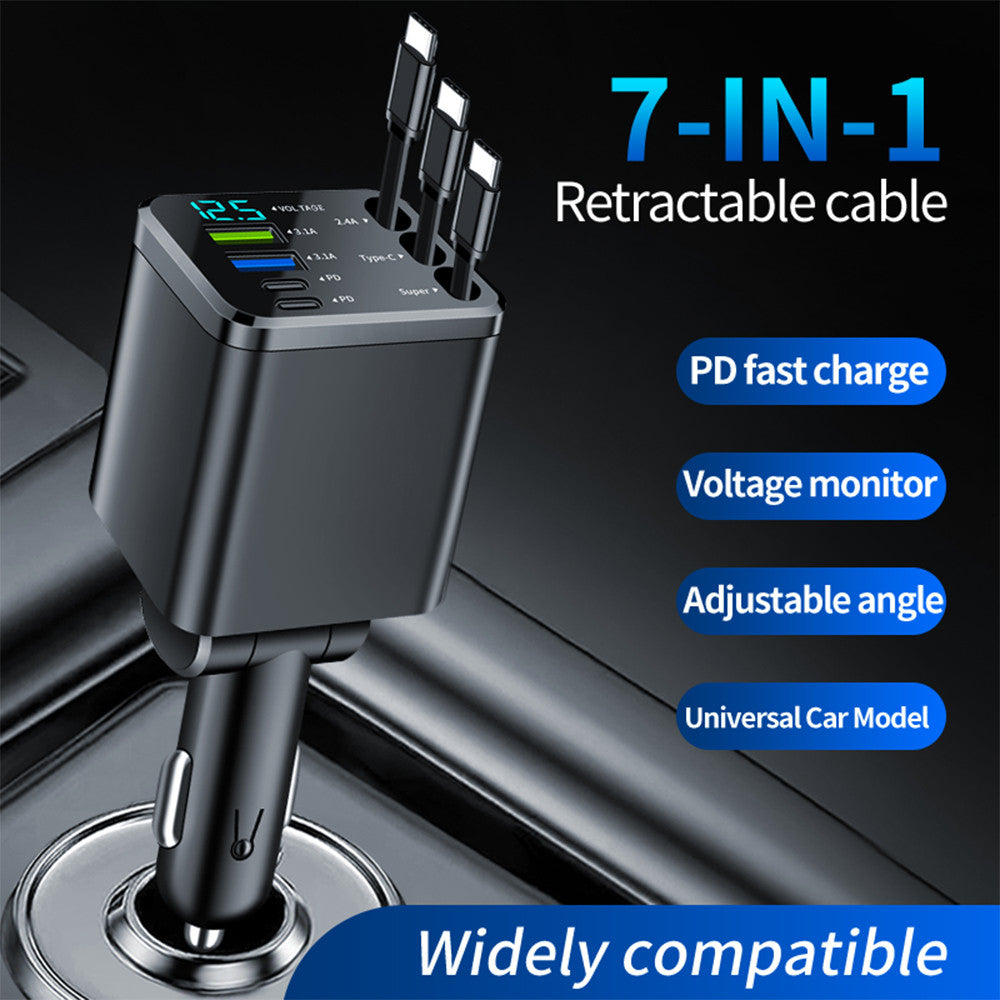 7-in-1 Retractable Car Charger with Digital Display, 4-Port & Triple Built-in Cables