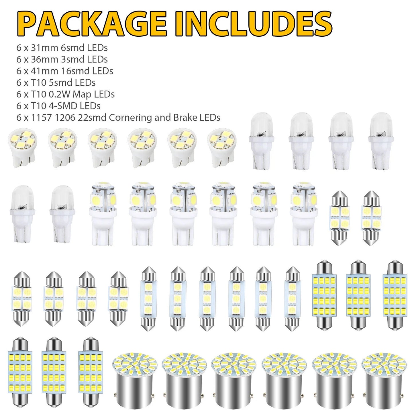 42PCS Car Interior Combo LED Map Dome Door Trunk License Plate Light Bulbs