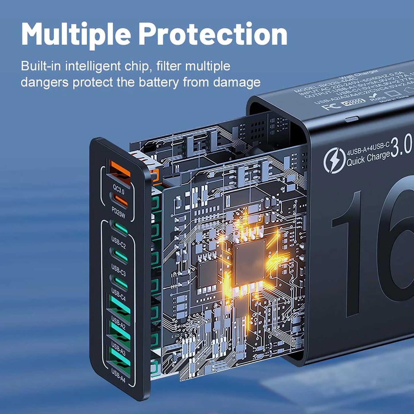 8 Ports with Quick Charger for Smart Phones, Tablets, Devices with Multiple Ports