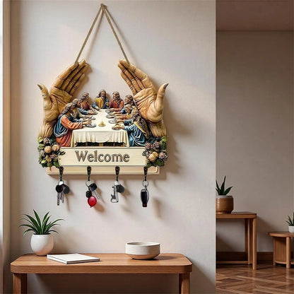 2D Flat Jesus and Disciples Wall Art Keychain, Key Holder Wall Mount with 4 Metal Hooks