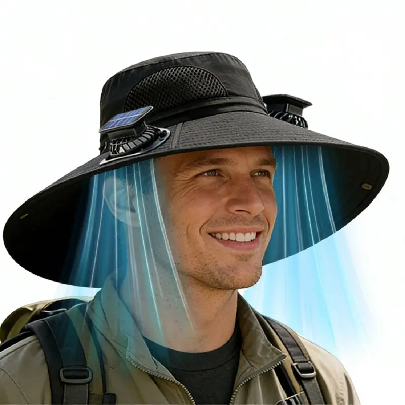Solar Fan Hat Outdoor Wide Brim Sun Hat with 2 Solar Fan