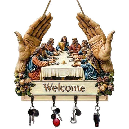 2D Flat Jesus and Disciples Wall Art Keychain, Key Holder Wall Mount with 4 Metal Hooks