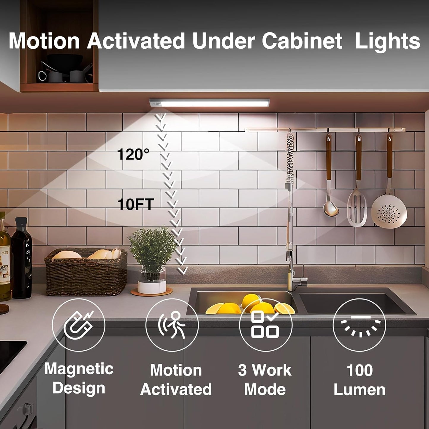 2 Pack Under Cabinet Lights - Rechargeable Motion Sensor Light
