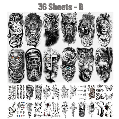 36 Sheets Large Black Arm Temporary Tattoos For Men Forearm Women Thigh