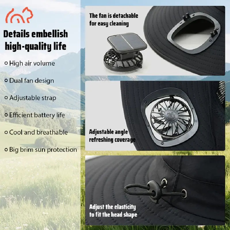 Solar Fan Hat Outdoor Wide Brim Sun Hat with 2 Solar Fan