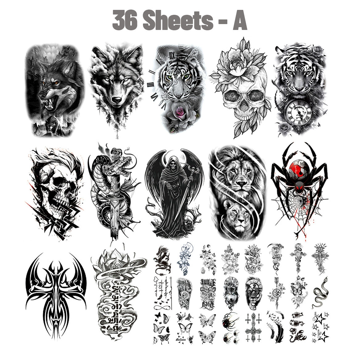 36 Sheets Large Black Arm Temporary Tattoos For Men Forearm Women Thigh