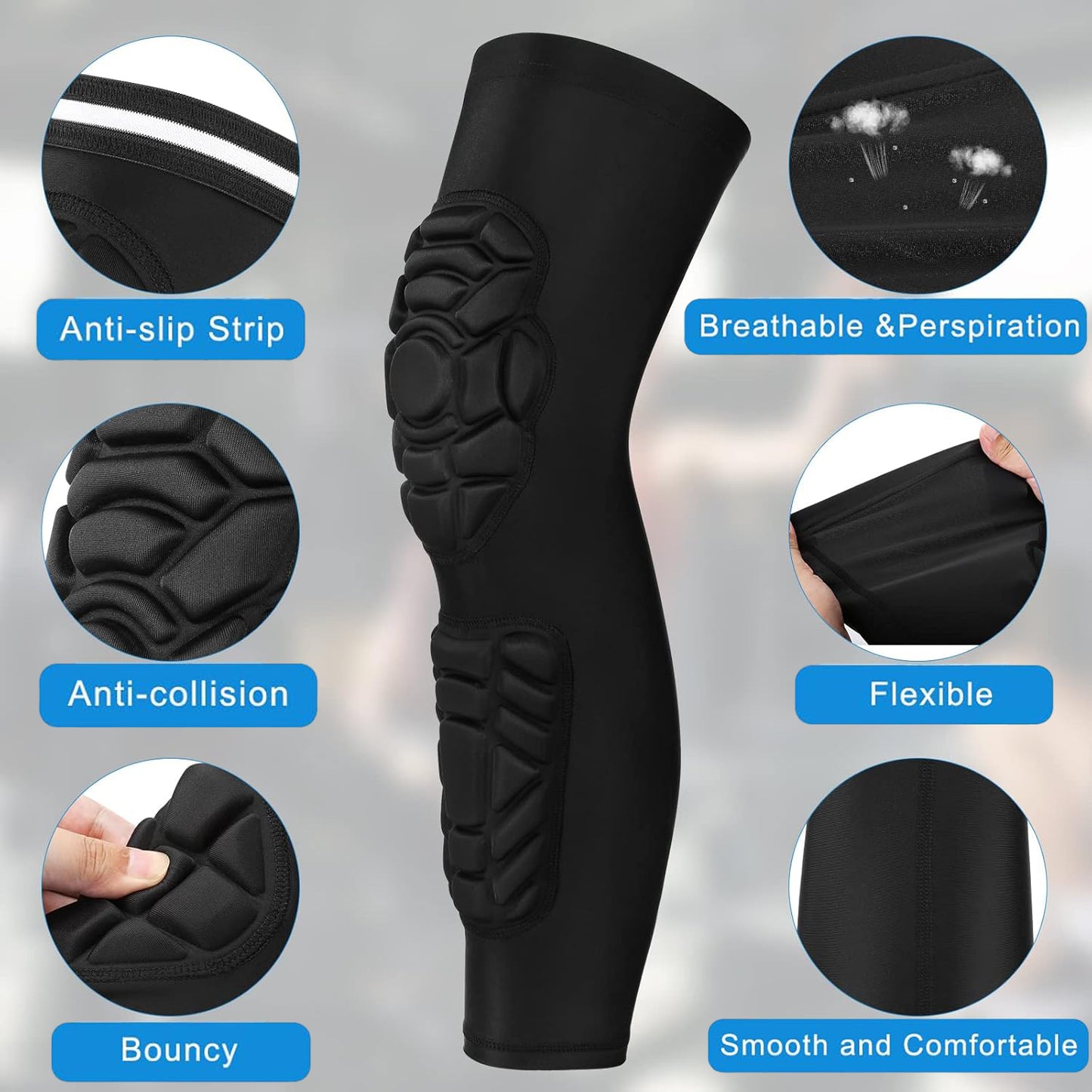 2 Pack Double Crash Proof Knee Calf Pads - Thigh Compression Leg Sleeves Protection, Shin Brace