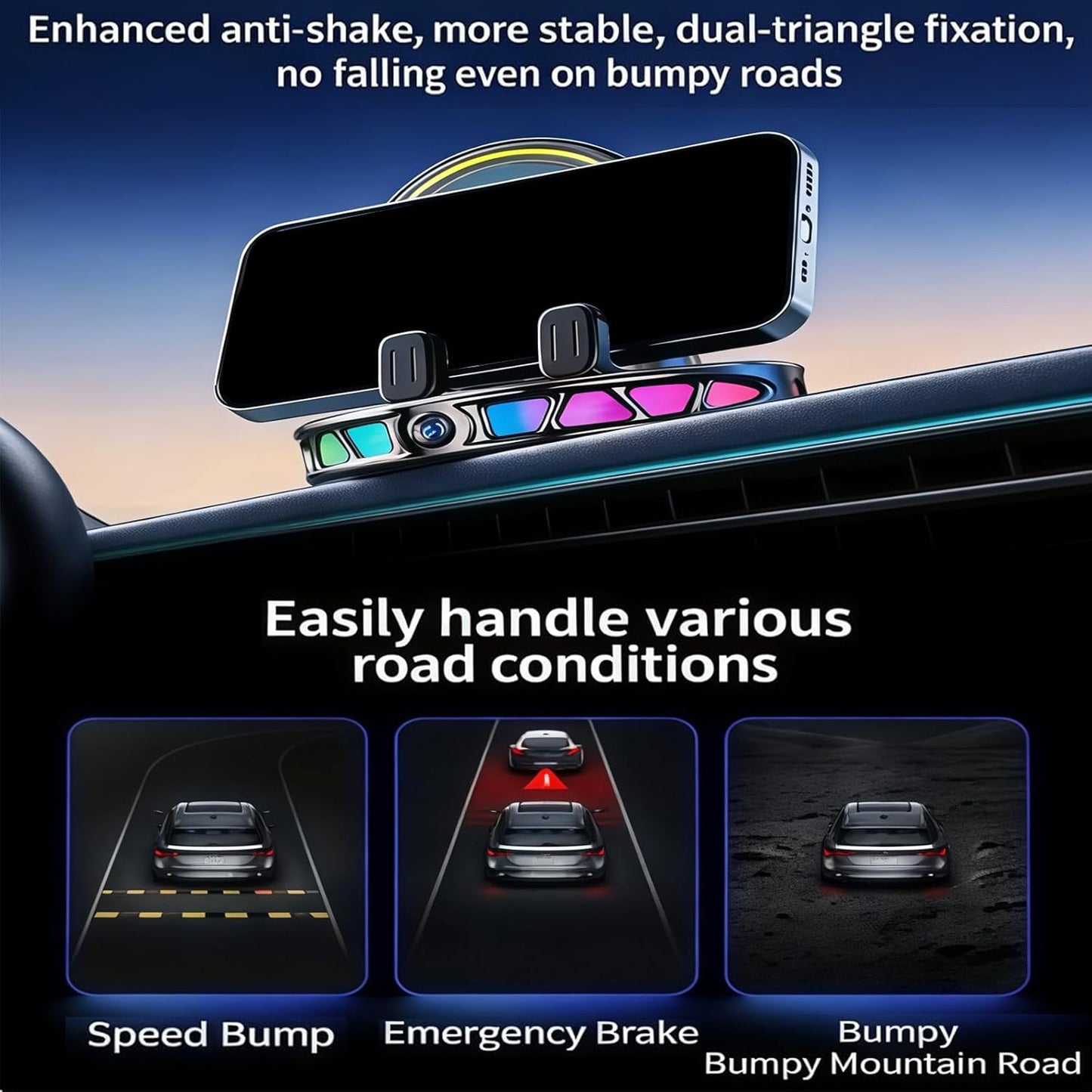 Adjustable Car Dashboard Cellphone Holder with Light Suction Cup, 360° Rotating Automatic Locking Car Phone