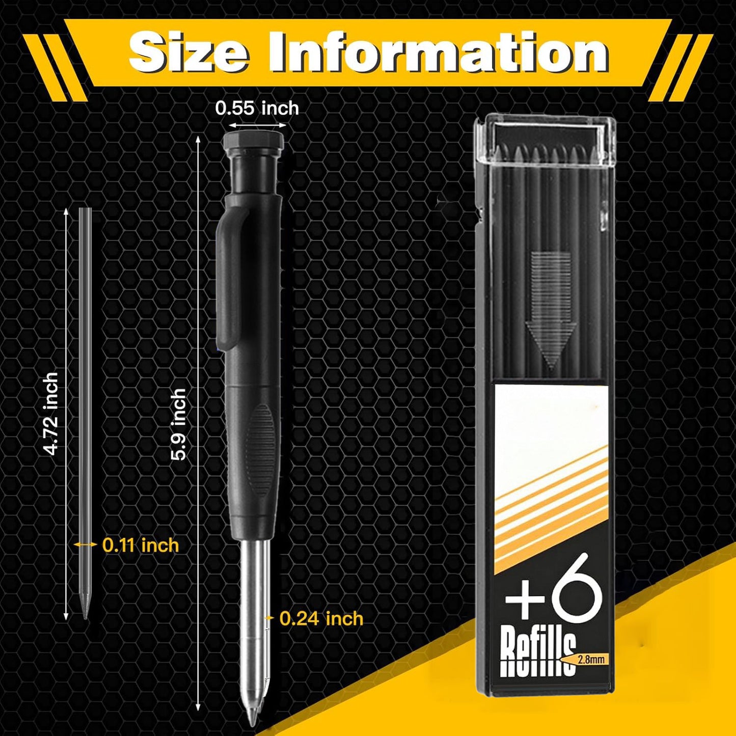 Mechanical Carpenter Pencil Set with Built-in Sharpener, 2.8mm Deep Hole Marker, for Woodworking, Construction, Metal Scribing, 1 Pencil & 6 Refills