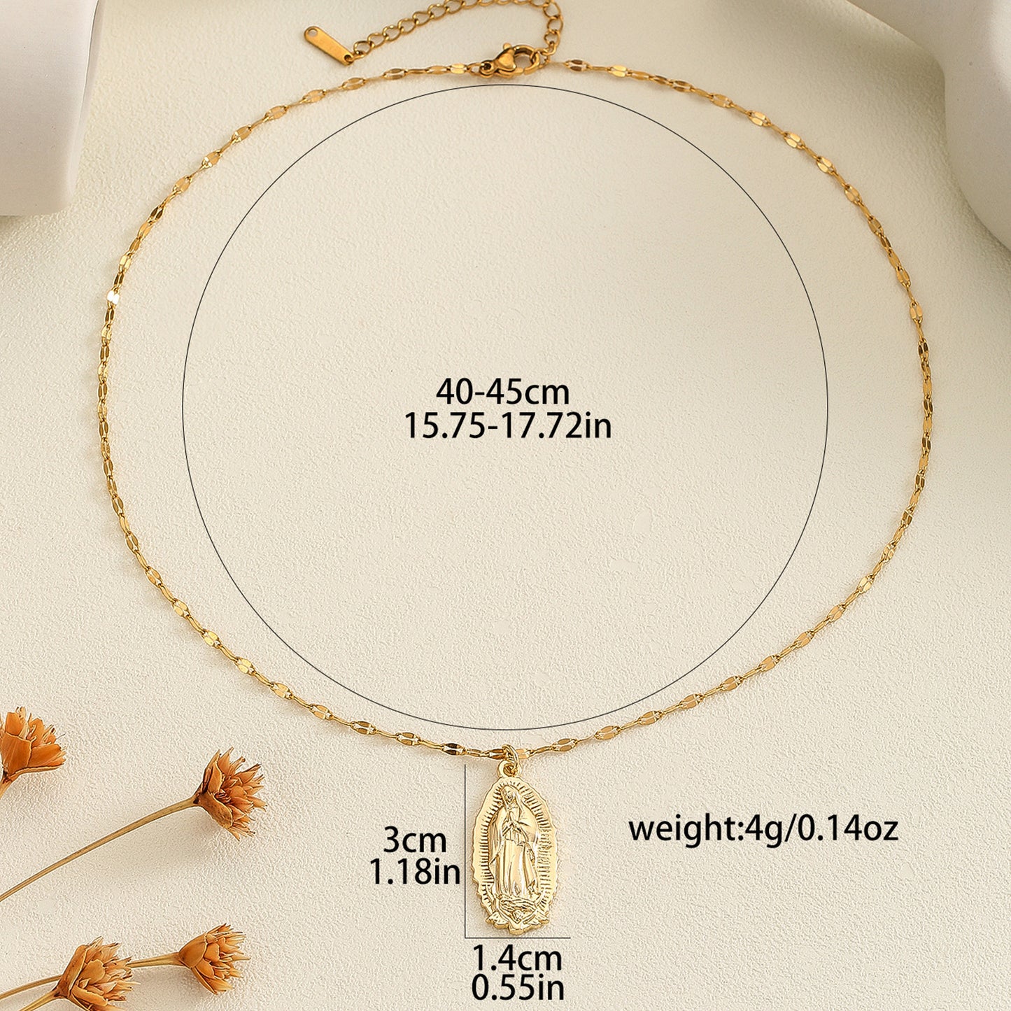 Guadalupe Virgin Mary Oval Pendant Necklace with Flat Figaro Chain
