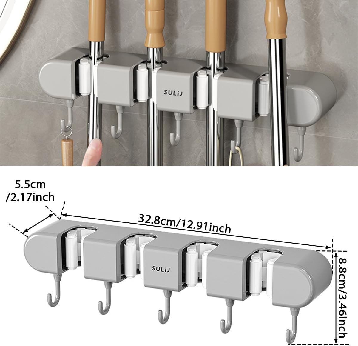 No-Drilling Self-Adhesive Mop and Broom Storage Rack (4 Racks with 5 Hooks)