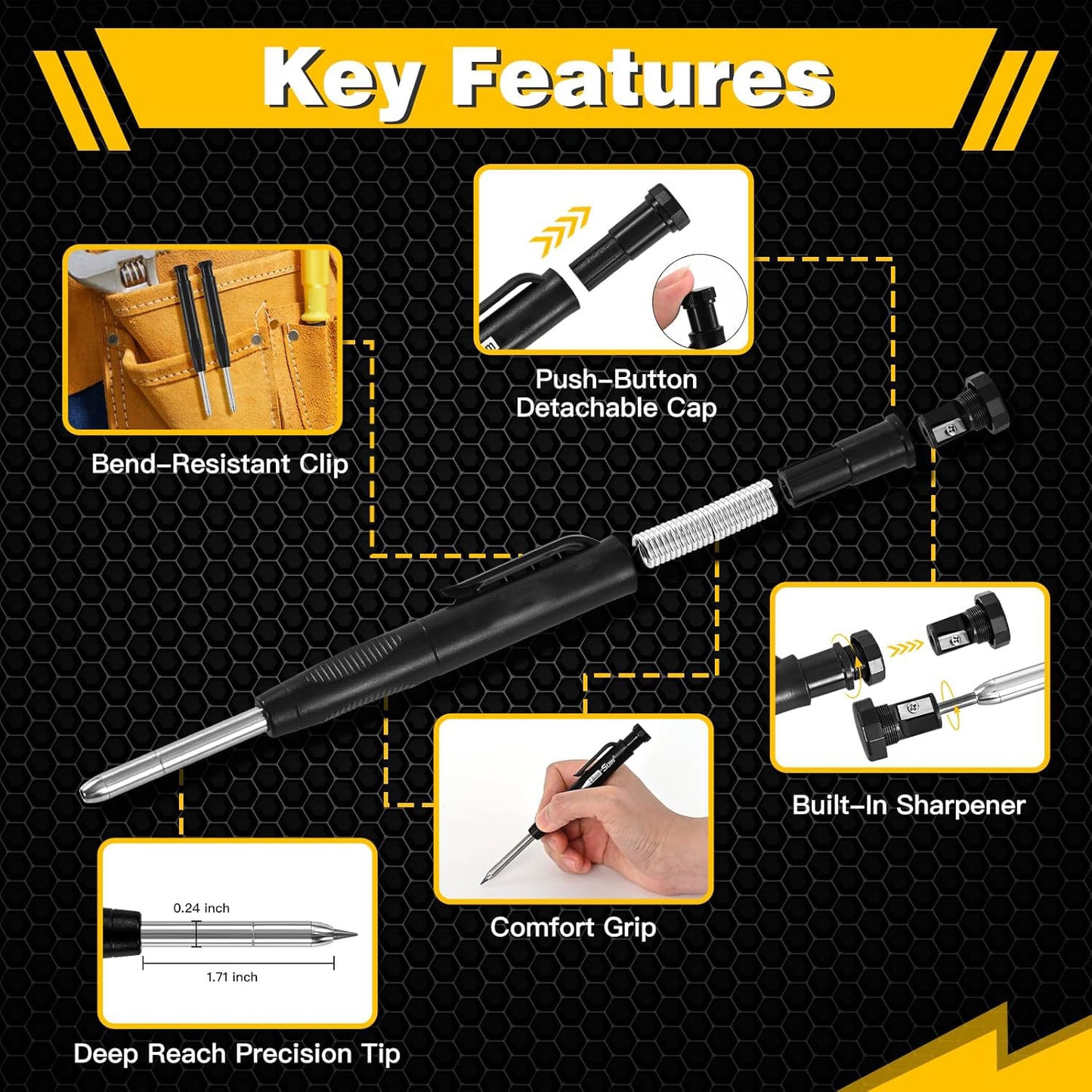 Mechanical Carpenter Pencil Set with Built-in Sharpener, 2.8mm Deep Hole Marker, for Woodworking, Construction, Metal Scribing, 1 Pencil & 6 Refills