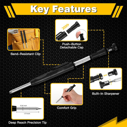 Mechanical Carpenter Pencil Set with Built-in Sharpener, 2.8mm Deep Hole Marker, for Woodworking, Construction, Metal Scribing, 1 Pencil & 6 Refills