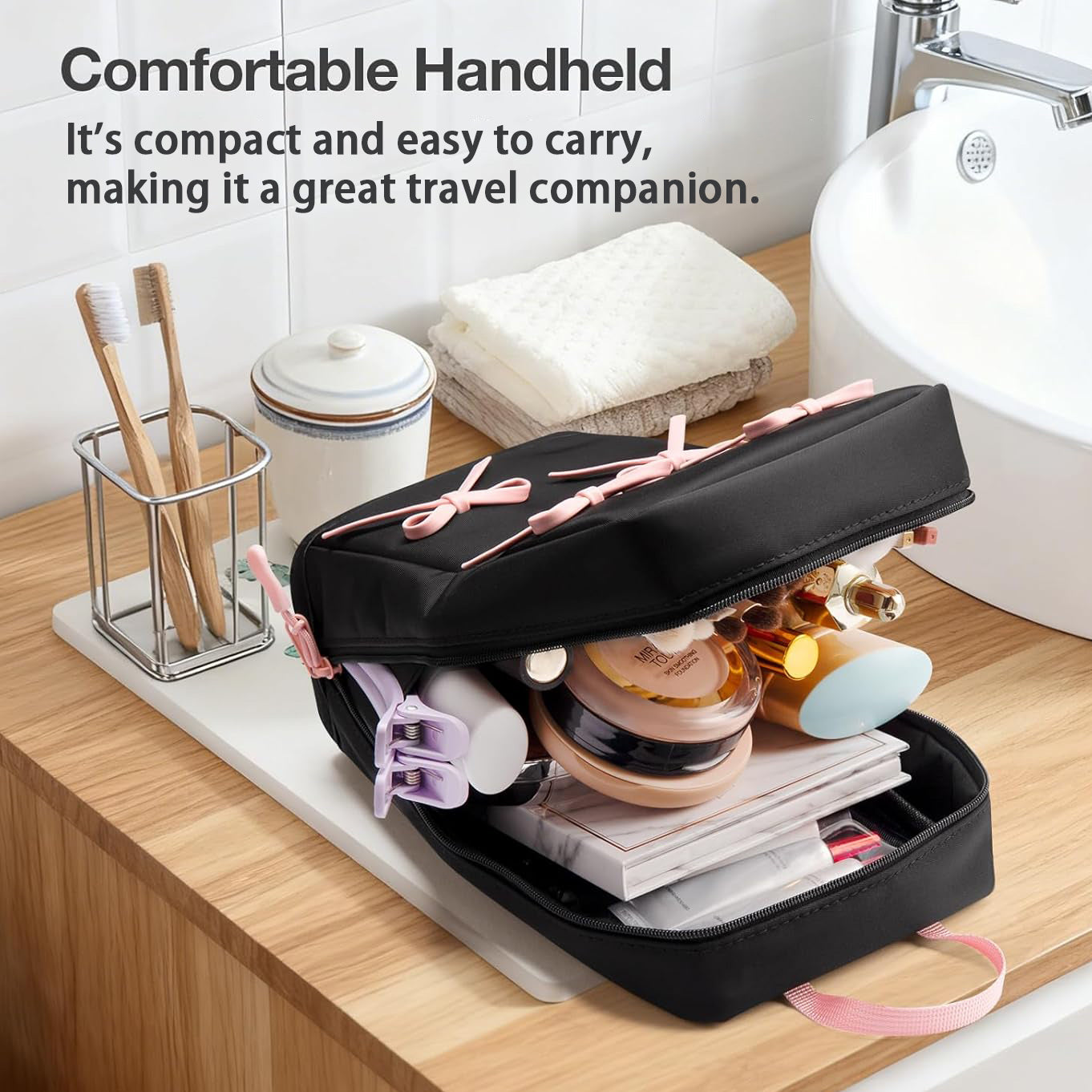 Small Black Waterproof Stand Up Travel Makeup Bag with Brush Compartment & Elastic Holders