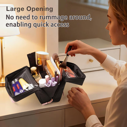 Small Black Waterproof Stand Up Travel Makeup Bag with Brush Compartment & Elastic Holders