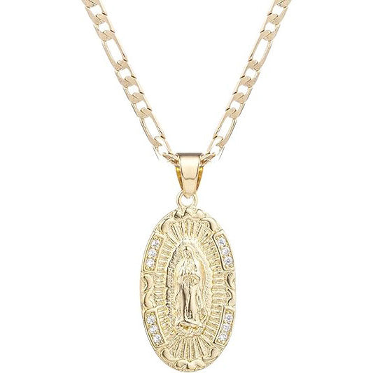 Guadalupe Virgin Mary Oval Zircon Inlay Pendant Necklace for Women Men