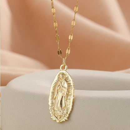 Guadalupe Virgin Mary Oval Pendant Necklace with Flat Figaro Chain