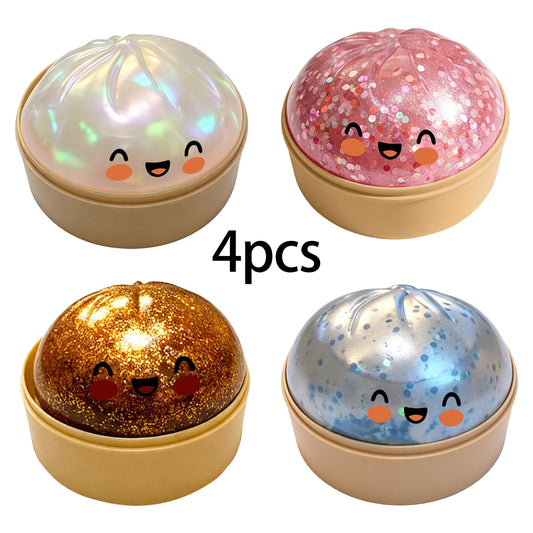 4pcs Glitter Dumpling Squishy with Steamer Box, Slow Rising Soft TPR Fidget Toy