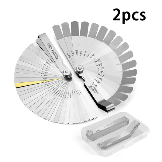 2Pcs High-Precision Feeler Gauge Set - 32-Blade Straight and 16-Blade Offset Filler Gauge, Dual Marked SAE & Metric Stainless Steel Feeler Gauges for Valves, Spark Plug, Engine, Guitar Setup