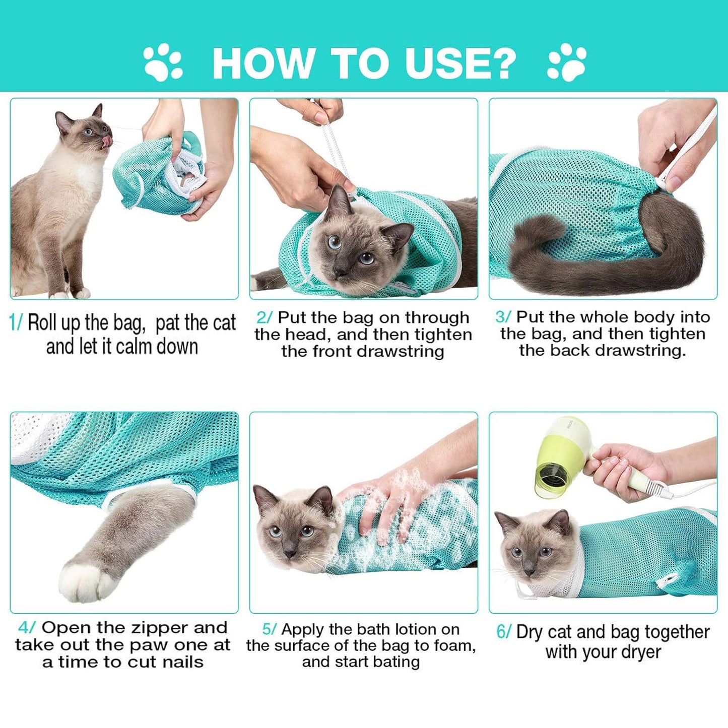 Multifunctional Grooming Bathing Adjustable Cat Shower Net Bags