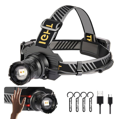 Rechargeable LED Headlamp with Motion Sensor, 5000L, USB C Power, Bank Function