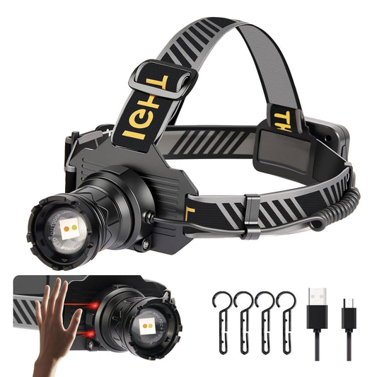Rechargeable LED Headlamp with Motion Sensor, 5000L, USB C Power, Bank Function