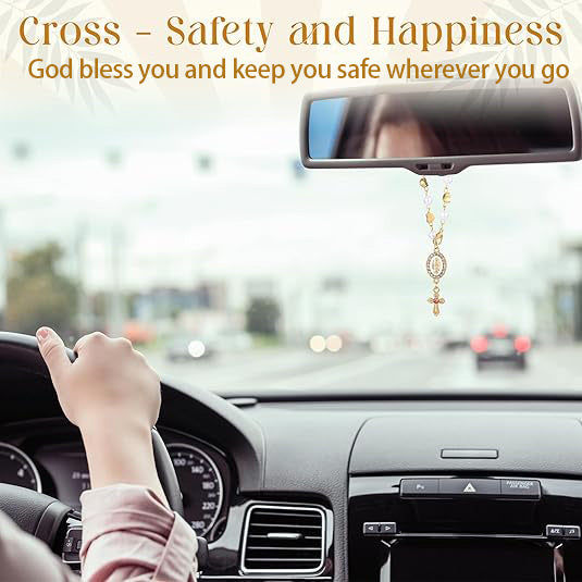 4pcs Steering Wheel Accessory with Virgin Mary Charm & Cross