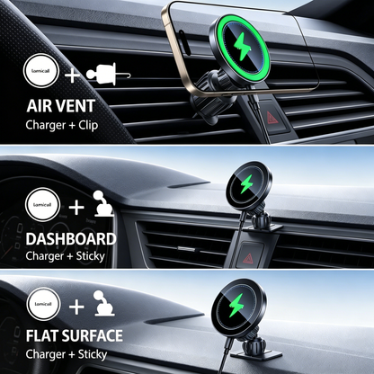 Car Charger Mount - 2-in-1 Vent Clip & Dashboard Adhesive, Wireless iPhone Charger