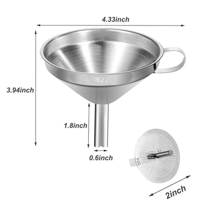 Food Grade Metal Funnel with Strainer for Filling Bottles, Transferring Liquid