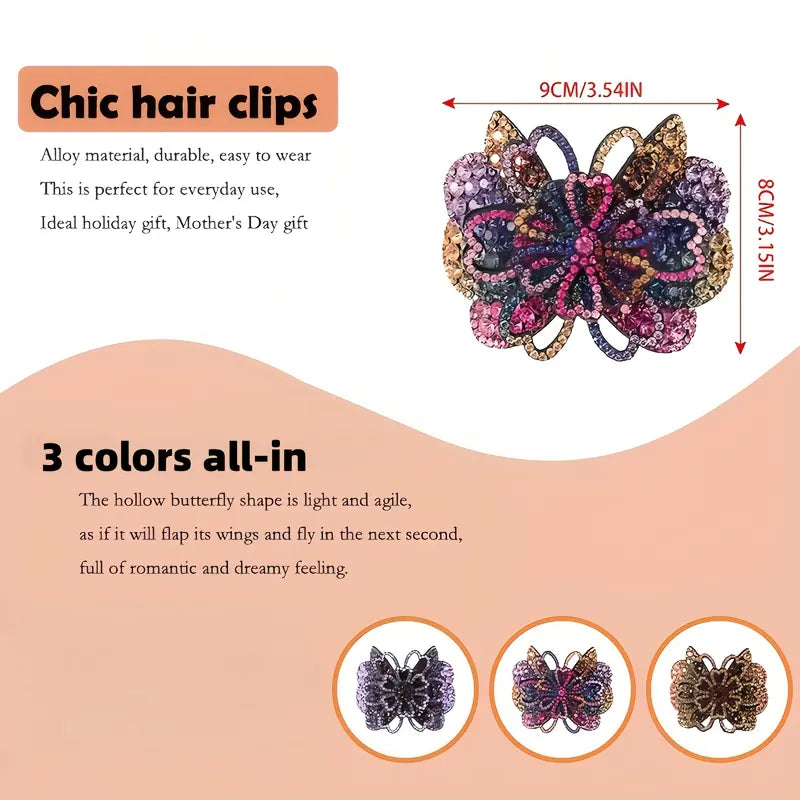 3 Pcs Vintage Crystal Rhinestone Flower Butterfly Hair Clip – Elegant Barrette for Women