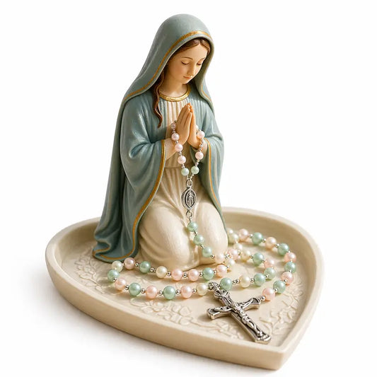 Virgin Mary Rosary Holder, White Resin Catholic Rosary Box with Cross Design for Home Altar