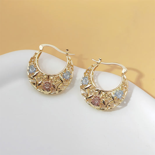 Vintage Flower Hoop Earrings for Women - Tri-Color Filigree Basket Design