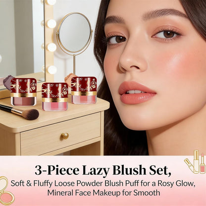 3-Piece Lazy Blush Set, Soft & Fluffy Loose Powder Blush Puff for a Rosy Glow