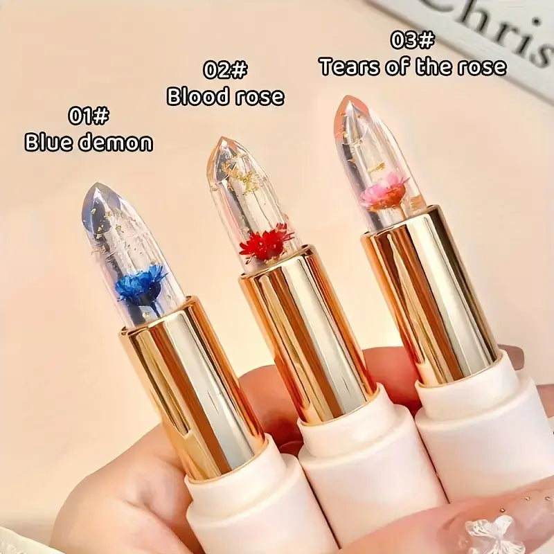 3PCS Flower Lipsticks Clear Jelly Lip Tint Set with Temperature Change Color and Moisturizing