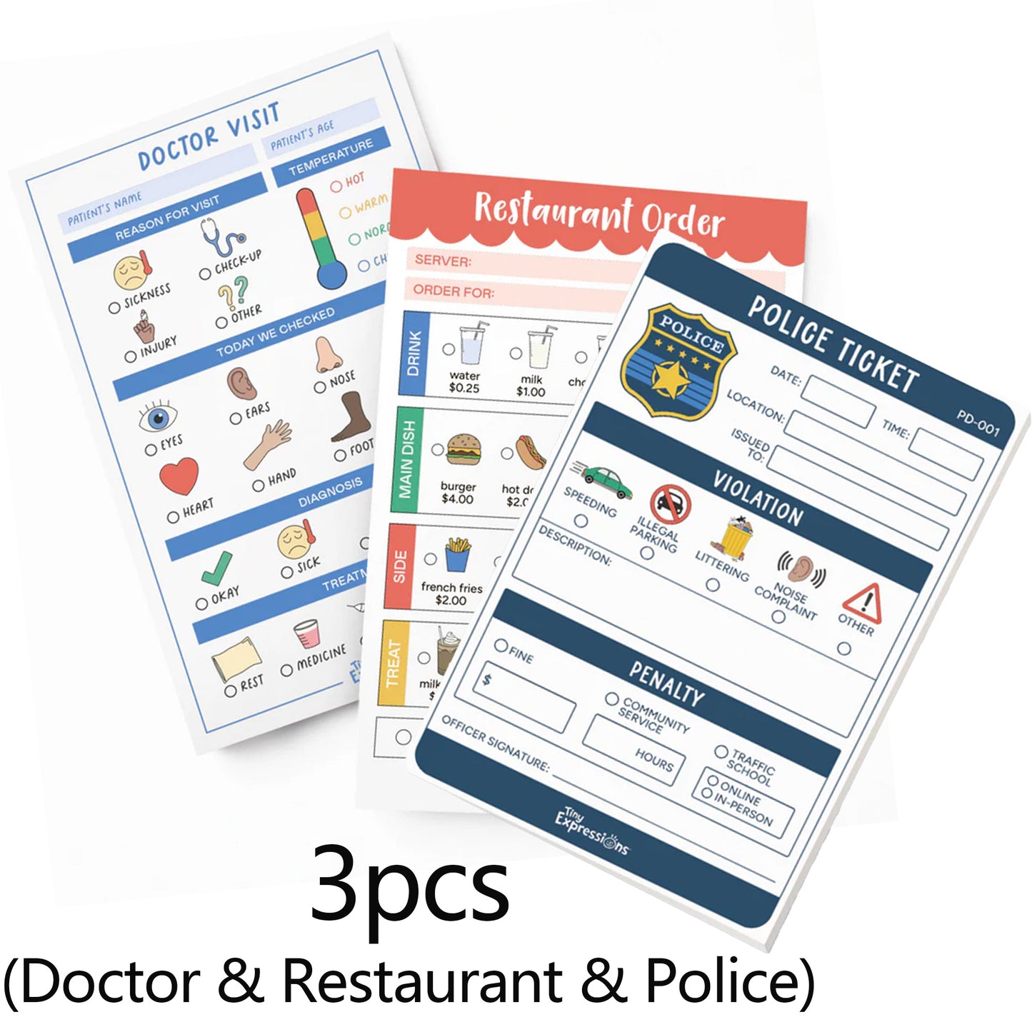 3 Book/set 40 Pages Each Pretend Kids Play Notepads
