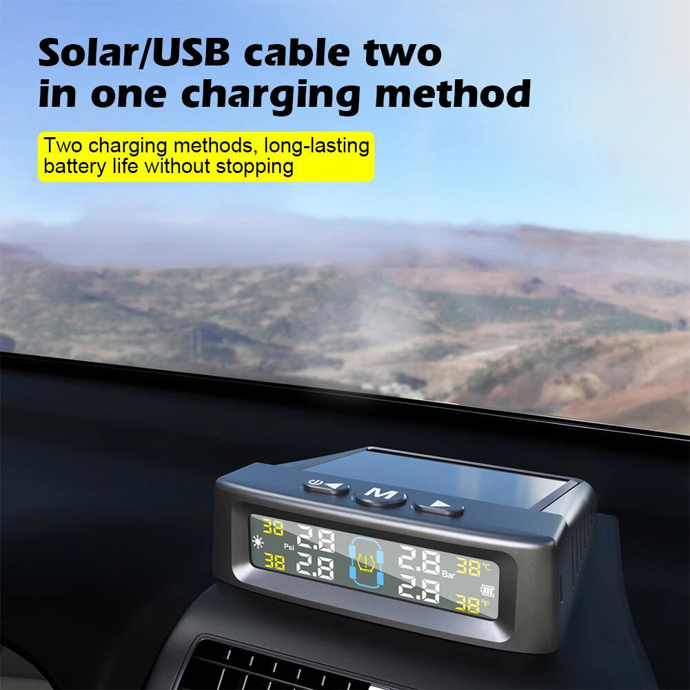 Tire Pressure Monitoring System with 4 Sensors Solar and USB Charging LCD Display